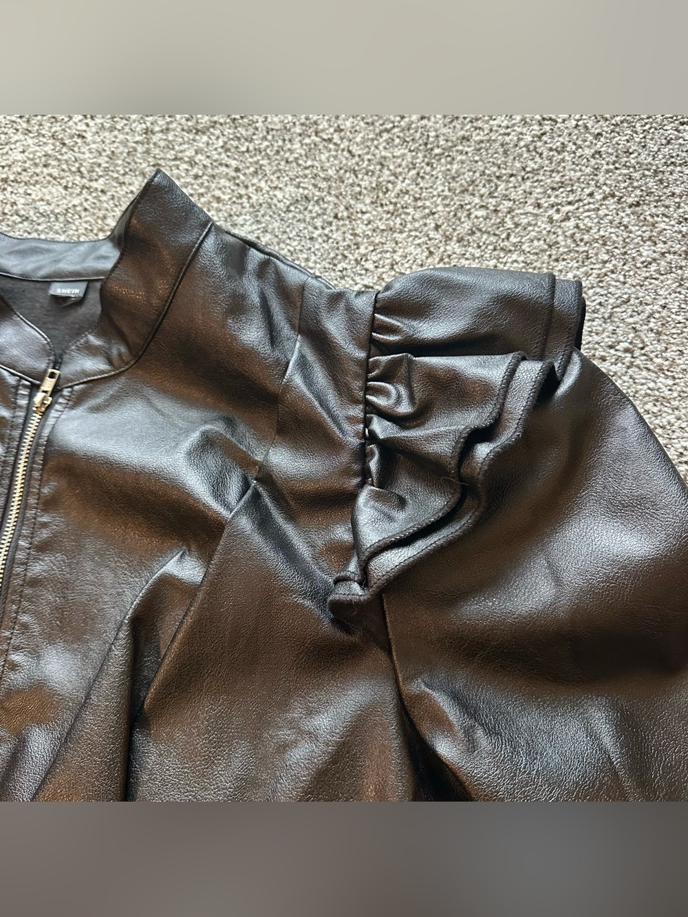 SHEIN XL 0X Black Faux Vegan Leather Zip Jacket Ruffles On Shoulders - Picture 11 of 14